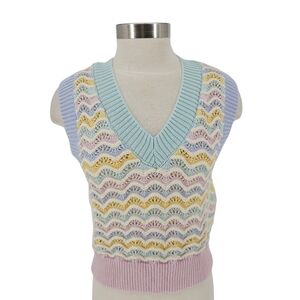 Zara Sweater Vest Pastel Scalloped Chevron Sleeveless V Neck Knit Medium